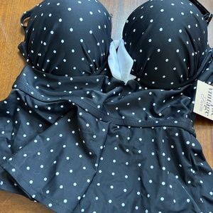 Unique Vintage black and white pin dot tanking swim top